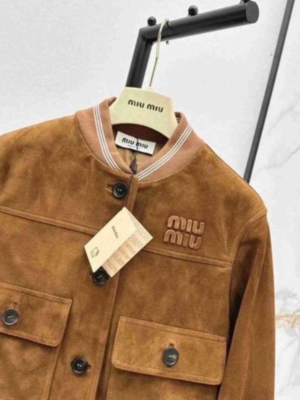 Miu Miu Brown Suede Cropped Bomber Jacket Logo Button Front Pockets - Picture 3 of 7